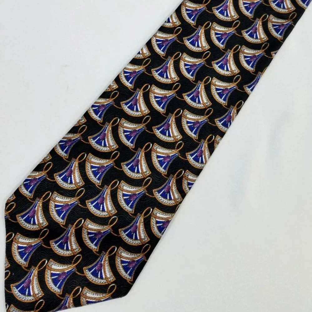 Christian Dior Cravate Mens Necktie Silk Tie Black Blue Abstract Geometric Fan P